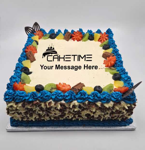 Blue Fresh Fruit Chocolate Curls Cake