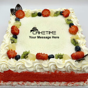 Mixed Fruit with Crumbs on side Red Velvet Cake