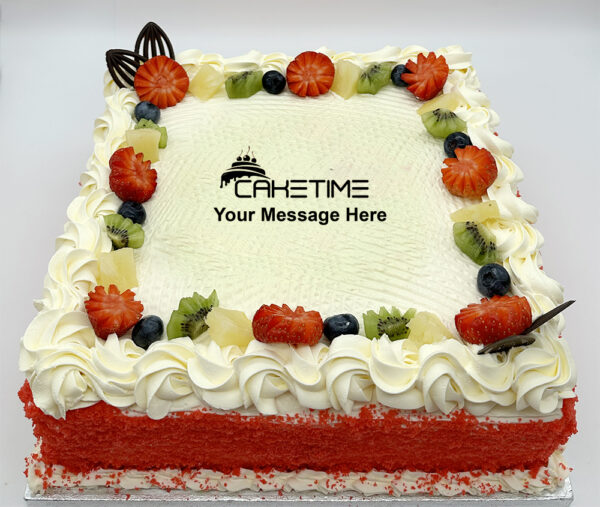 Mixed Fruit with Crumbs on side Red Velvet Cake
