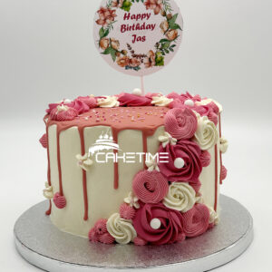 Pink Flower Drip Cake