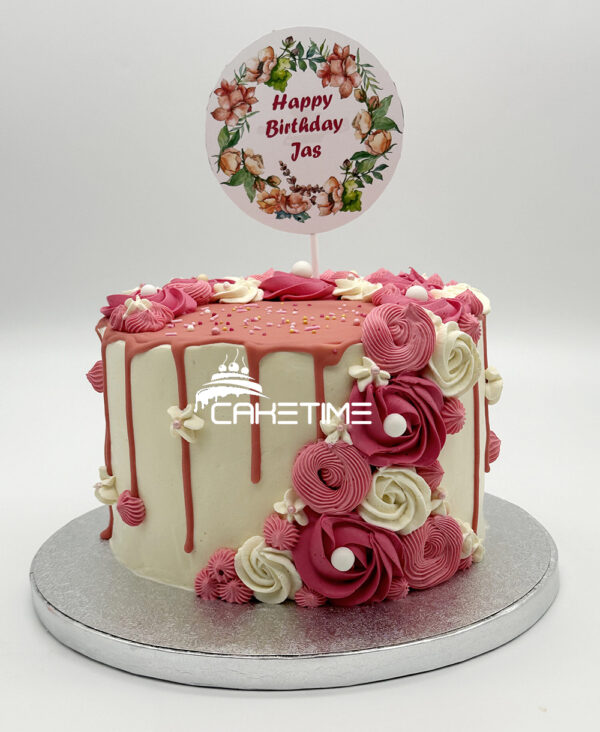 Pink Flower Drip Cake